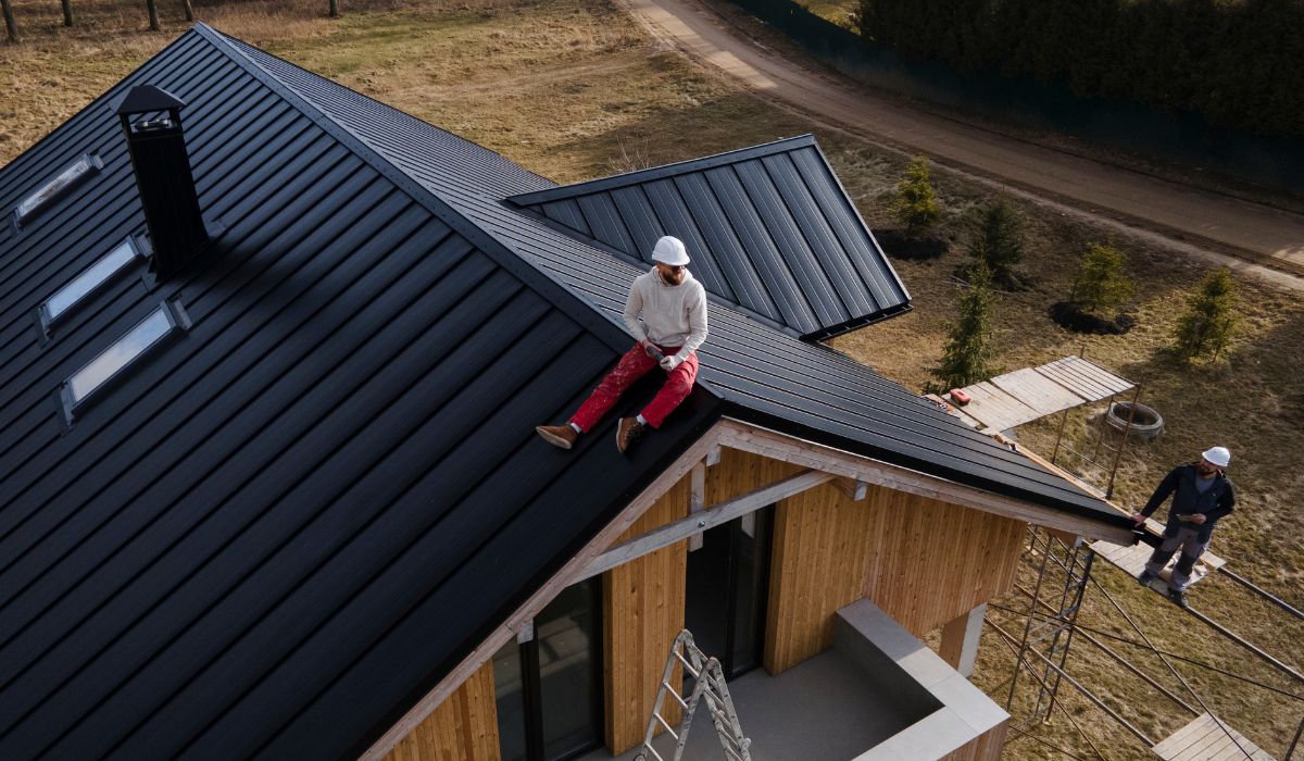 Standing-seam metal roof installation showing roof planes and ridge details