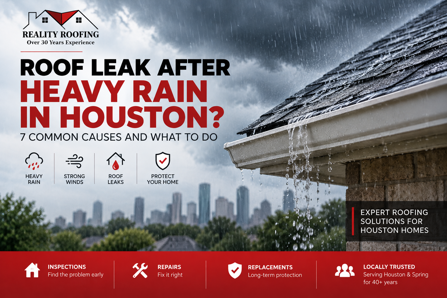 Roof leak after heavy rain in Houston with water pouring from a damaged residential roof